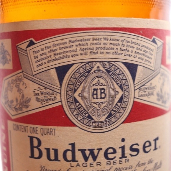Vintage 1970s Budweiser Empty Collectable Amber Bottle One Quart Bottle Large - Picture 7 of 10